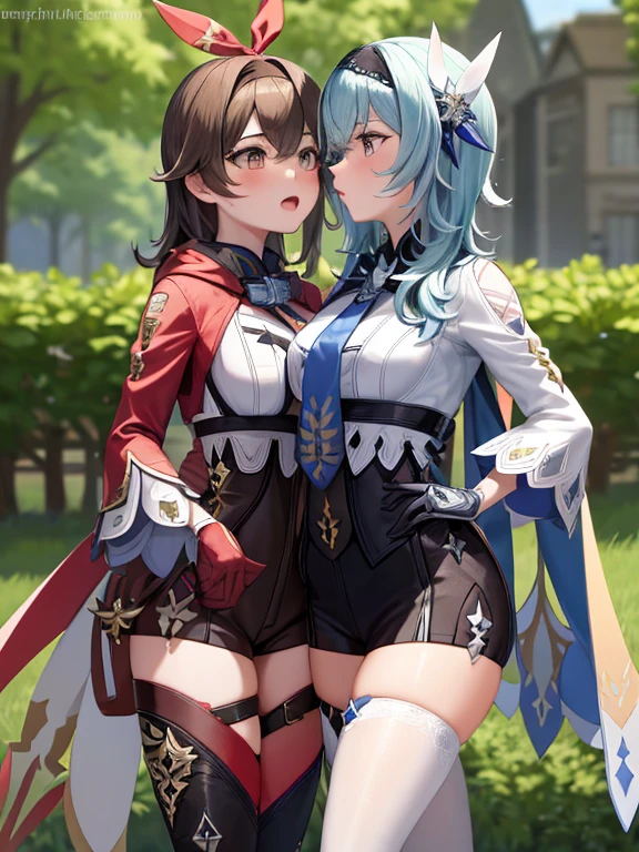 (masterpiece, best quality), multiple girls, 2girls, kissing, kiss, yuri, standing, Europe background, windmill, sunny, blush, embarrassed BREAK euladef, height 170, cmshort hair BREAK amber5star, height 163 cm