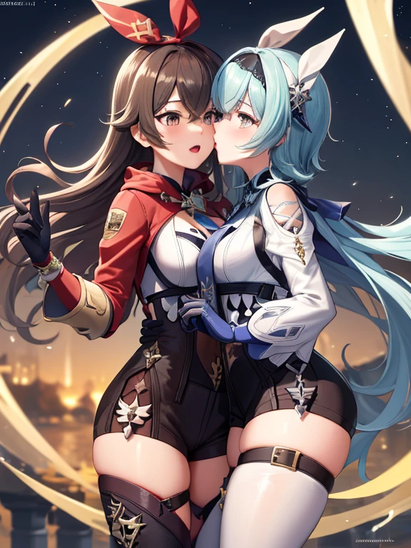(masterpiece, best quality), multiple girls, 2girls, kissing, kiss, yuri, standing, Europe background, windmill, sunny, blush, embarrassed BREAK euladef, height 170, cmshort hair BREAK amber5star, height 163 cm