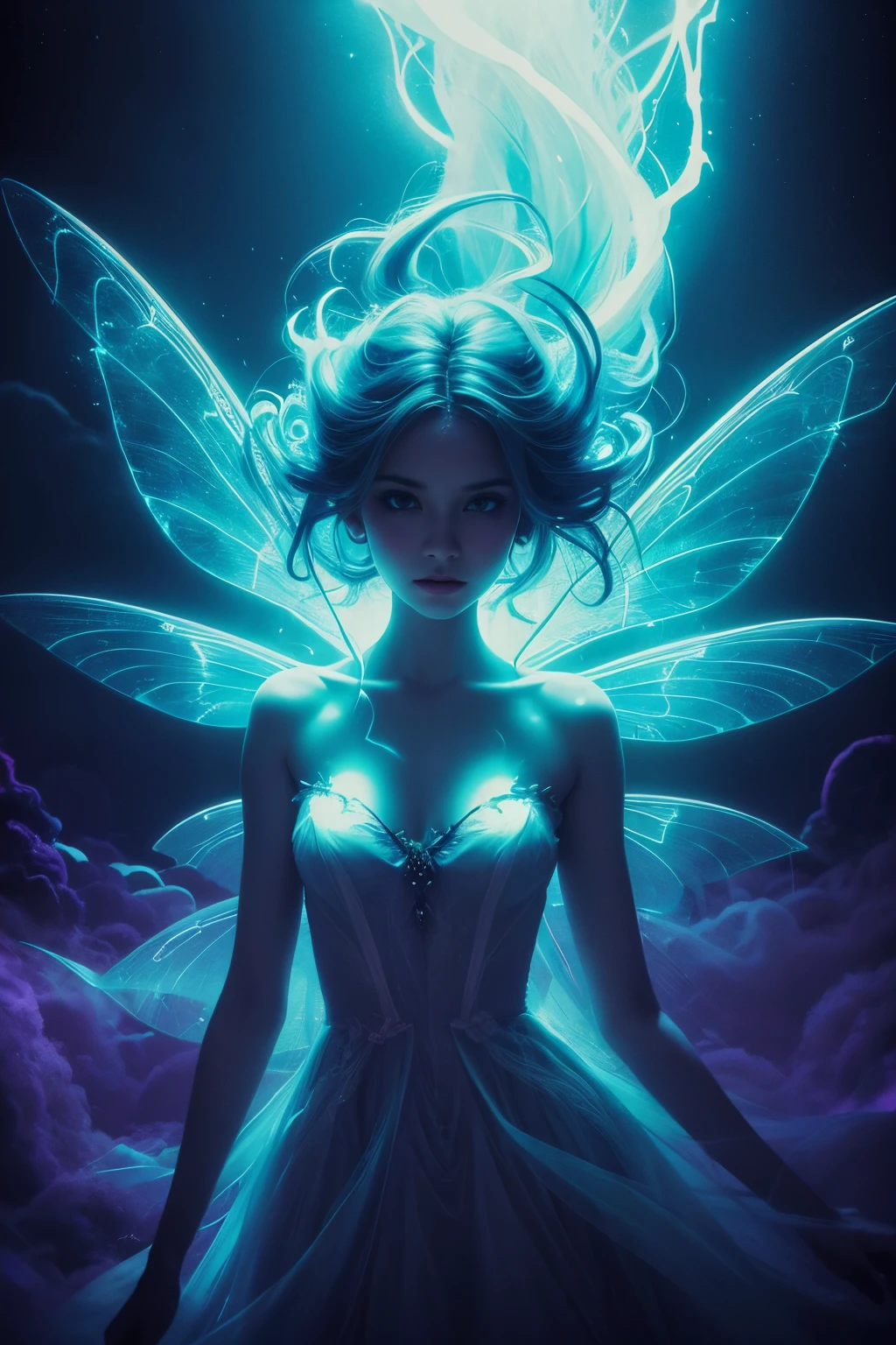 A stunning, hyper-realistic portrayal of an alien creature by Esao Andrews. The fish girl is depicted with a slender, bioluminescent body, adorned with multi-colored neon dots that glow brilliantly. Her transparent skin reveals her intricate internal structure, and her small, round appendages serve as arms, gently embracing her otherworldly fish-like face. Esao Andrews' unique artistic techniques create an atmosphere of wonder and mystique, drawing the viewer into the captivating world of this enigmatic creature.