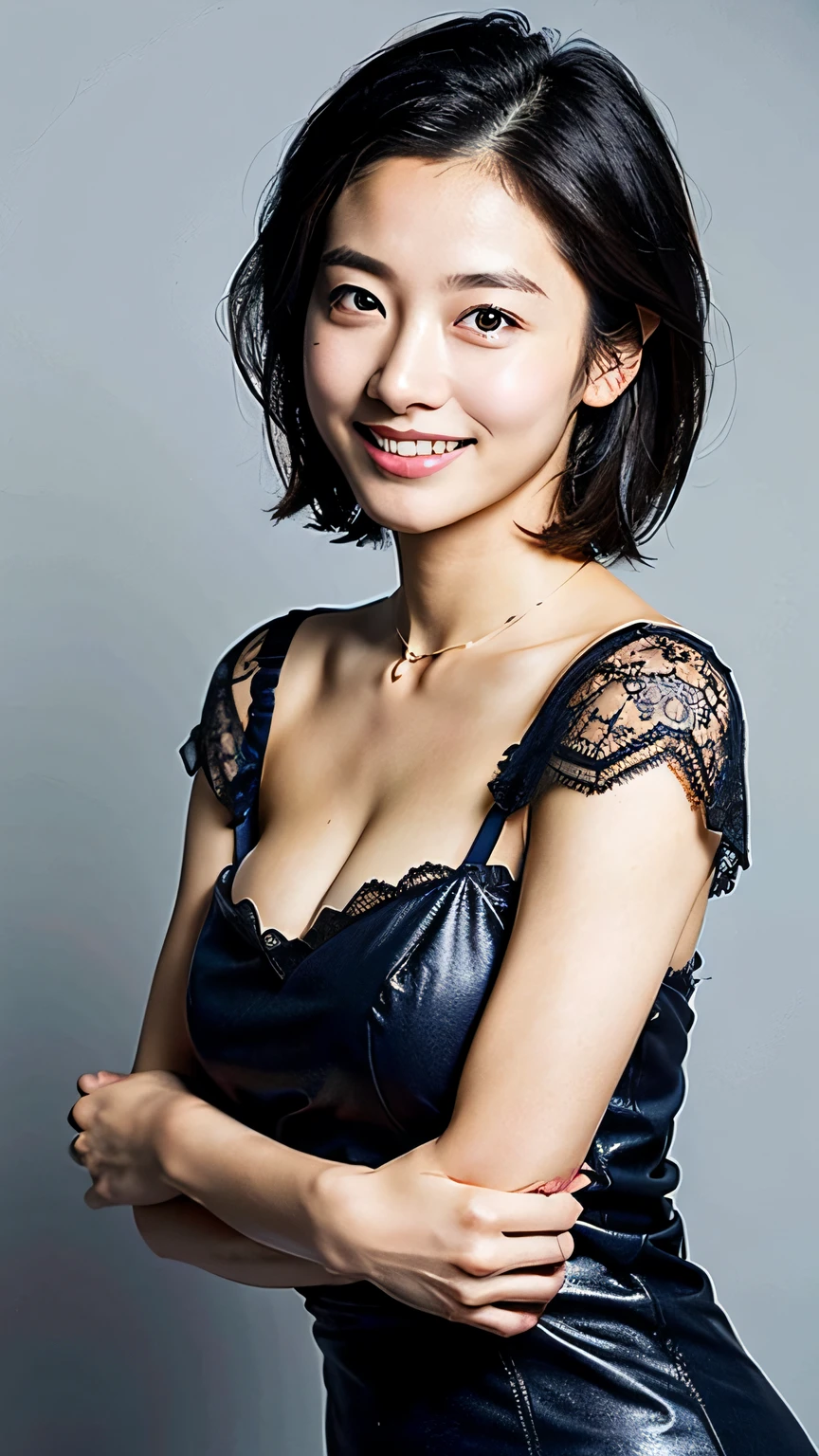 (masterpiece、top-quality、ultra-detailliert、hight resolution、At 8K、Photorealsitic、Raw photography)、(top-quality、8K、32K、masterpiece)、Photo of a cute Japanese woman、a 18 year old girl、(large full breasts)、White and beautiful skin、kindly smile、very short bobbed hair、full body Esbian、sface focus、(dark blue lace dress)、a necklace、simple background、From above、looking at the viewers、pale light