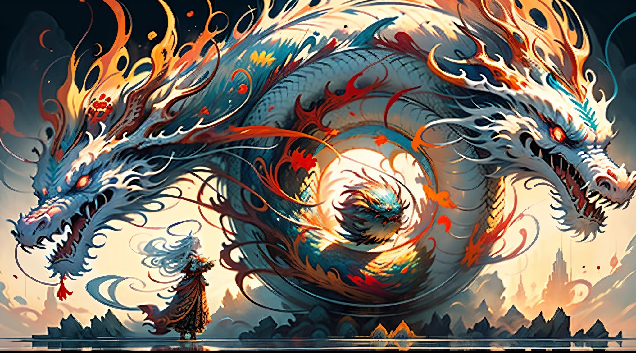 Best quality,tmasterpiece,超高分辨率,chinesedragon,The body surrounds a dragon egg,(long:1.2),(finely:1.2),long whitr haing,red eyes,teeth,immensity,That bird,allure,The stands up,Roll into a circle with hops,hops,Yuntanya,from back,armour,sky sky,with her mouth open,faceoff,Gather strength,Ogre,White hair,buliding,valleys,(The texture real:1.2),(Glowing colorful scales:1.2),(Authentic details:1.2),HighDynamicRange,Ultra-detailed 3D modeling,like tim burton、dale chihuly、Xiaolongcheng、Authors such as Cyril Rolando and Jr.. Giger style paintings are equally magical。Shadows and lights intertwine,produce brilliant results。