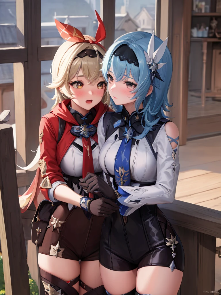 2 Half-elf, females in the middle of a uefa 2024 stadium, they wear the uniforms of two different football teams, one dark and the other light, there are only the two of them in the stadium, they are lying on the ground and smiling
