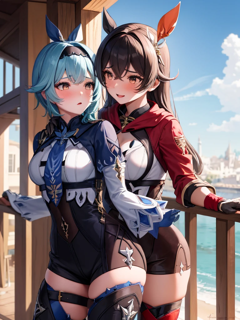 (masterpiece, best quality), multiple girls, 2girls, kissing, kiss, yuri, standing, Europe background, windmill, sunny, blush, embarrassed BREAK euladef, height 170, cmshort hair BREAK amber5star, height 163 cm