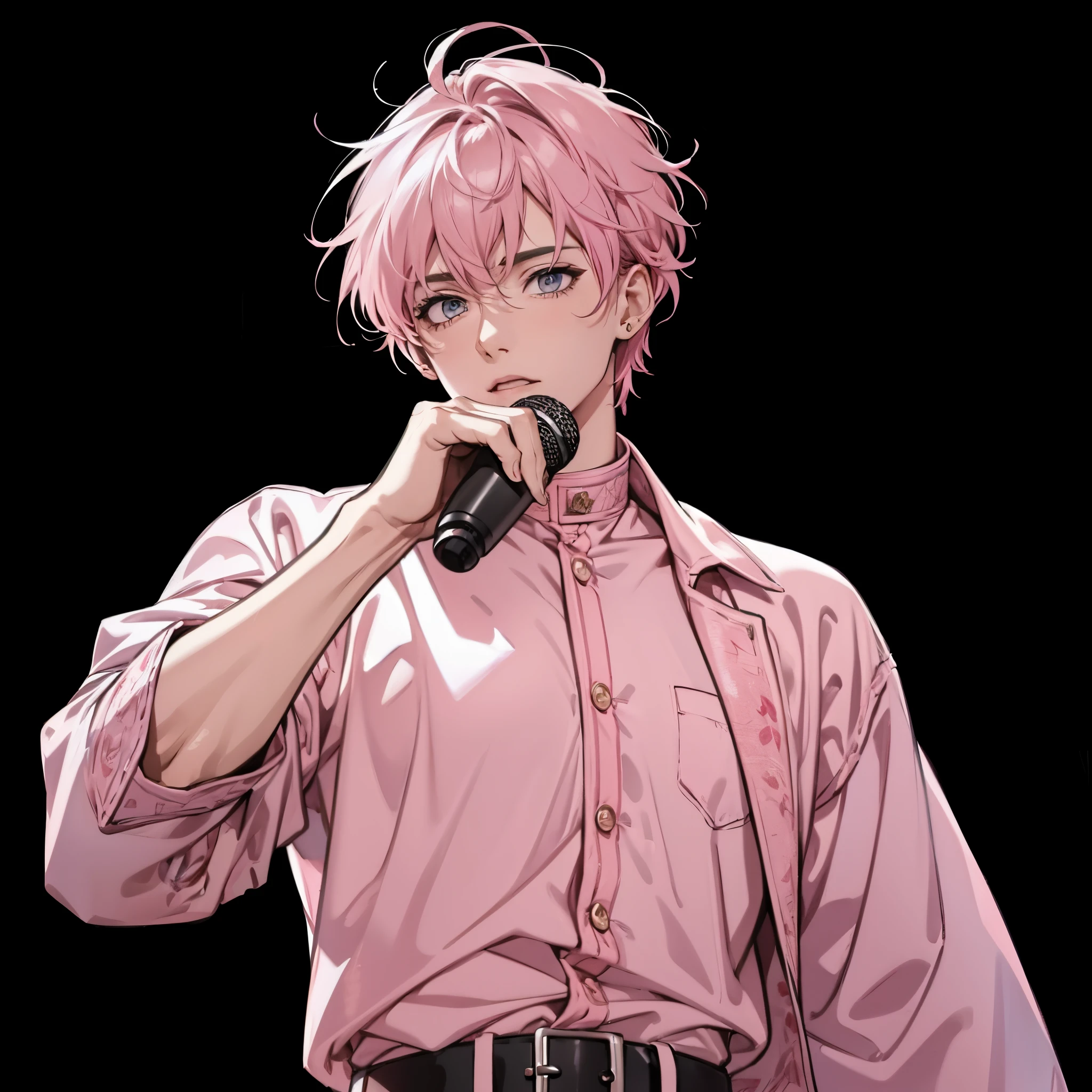 Male idol holding a microphone, Pink hair, Pink clothes, Background with:black