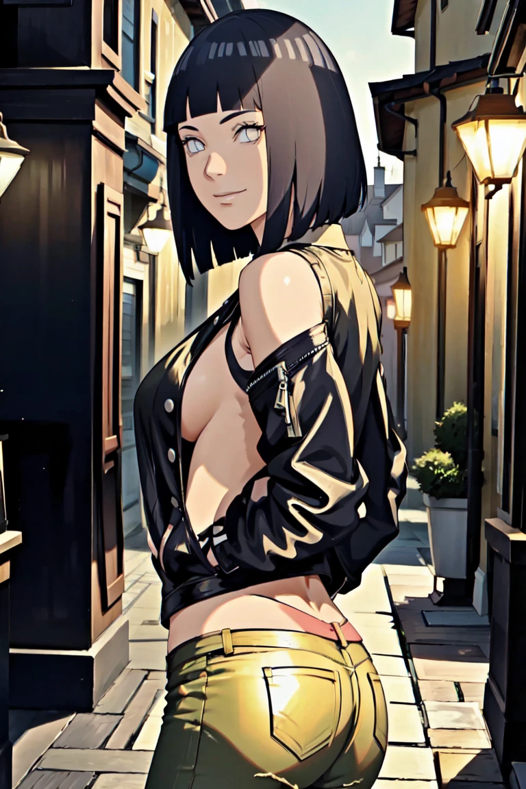 Meisterwerk,Sharpness,Scharfer Fokus,Scharfes Gesicht,Realistisches Haar,big boobs,,Atemberaubend Realistisch,High quality,verschwommener Hintergrund ,scharfer Fokus, Kontrastreiche Beleuchtung, Empfindliche Haut, High Resolution 8K, wahnsinnige Details, Realistisch, Professionelles Fotoshooting, 8K UHD, SPIEGELREFLEXKAMERA, sanfte Beleuchtung, High quality, filmgrain,stehend im Garten,full-length portrait,full entire body,arms behind back,Both arms are hidden behind the back,cute smile,offene Leder Jacke,Tanktop unter der Jacke,Skinny ripped Jeans,Front view