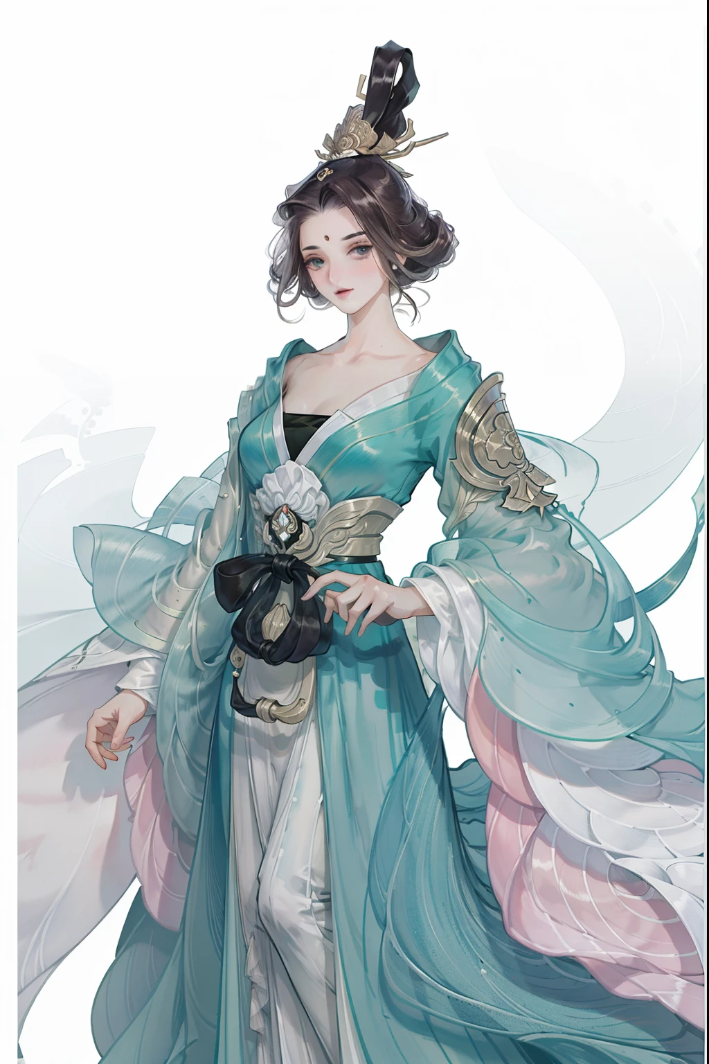 (((tmasterpiece, Best quality, 超高分辨率, CG unified 8K wallpaper, Best quality at best, ultra - detailed, ultra HD picture quality))), 1 girl, with short black hair, game fairy, Green clothes, Hanfu, Superskirt, slender leg, yarn, flowing gauze, Nice face, beautidful eyes, Beautiful hairstyle, Beautiful costumes, Structurally sound