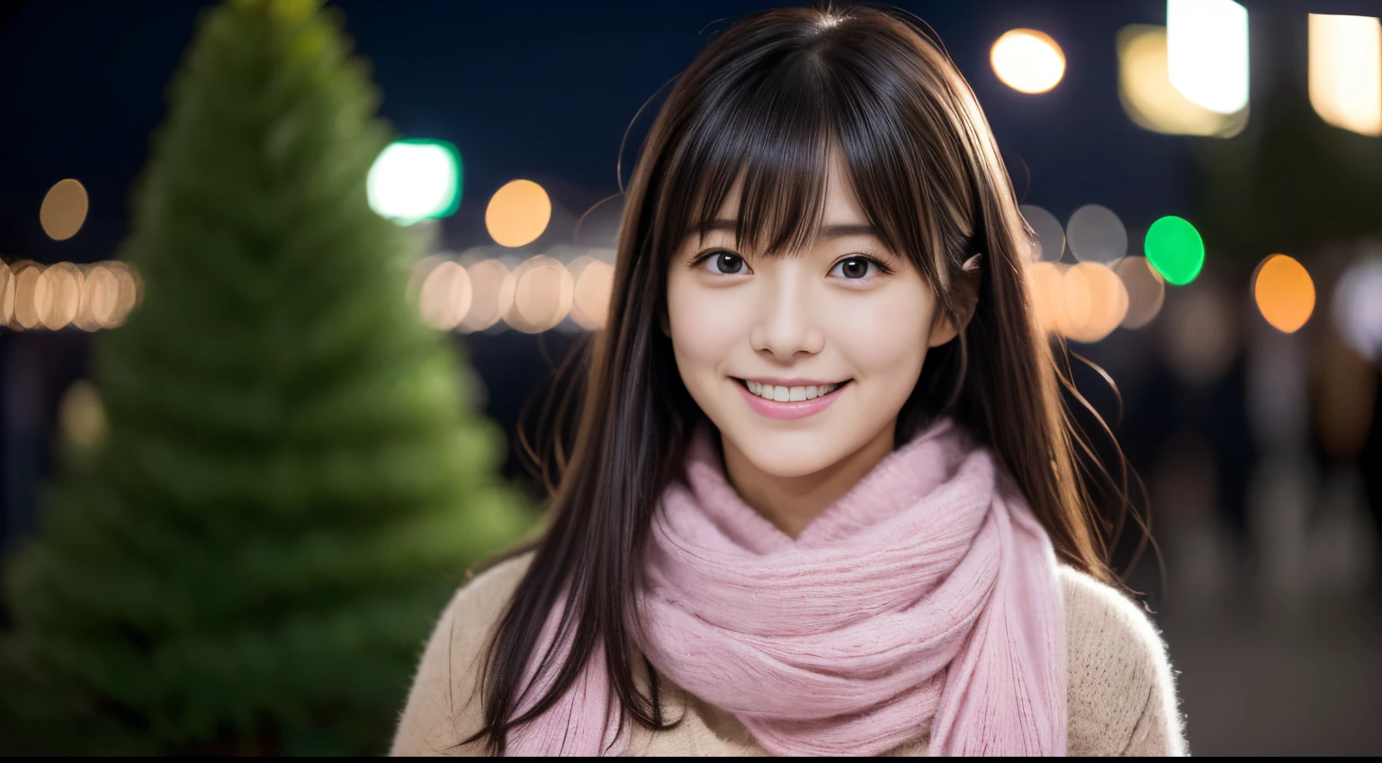 1girl in, 18year old、Gravure model for Japan, (cute little, a beauty girl:1.2),Profile 1.1、Modest big, 𝓡𝓸𝓶𝓪𝓷𝓽𝓲𝓬, (Look up at the big Christmas tree in the night sky and pray:1.5)、(A night town with beautiful Christmas illuminations:1.4), (fluffy white wool sweater,Pink scarf:1.2), (Green Plaid Pleated Skirt), beautiful christmas city background、 A dark-haired、Pray、A smile、 Best Quality, hight resolution, Detailed skin, Detailed face and eyes, Hi-Res, Natural lighting, Perfect ???????, Physically-based rendering, Photorealistic, symmetric clear eyes, Well-groomed face,Teenage girl, Perfect figure, Transparency, hposing Gravure Idol,