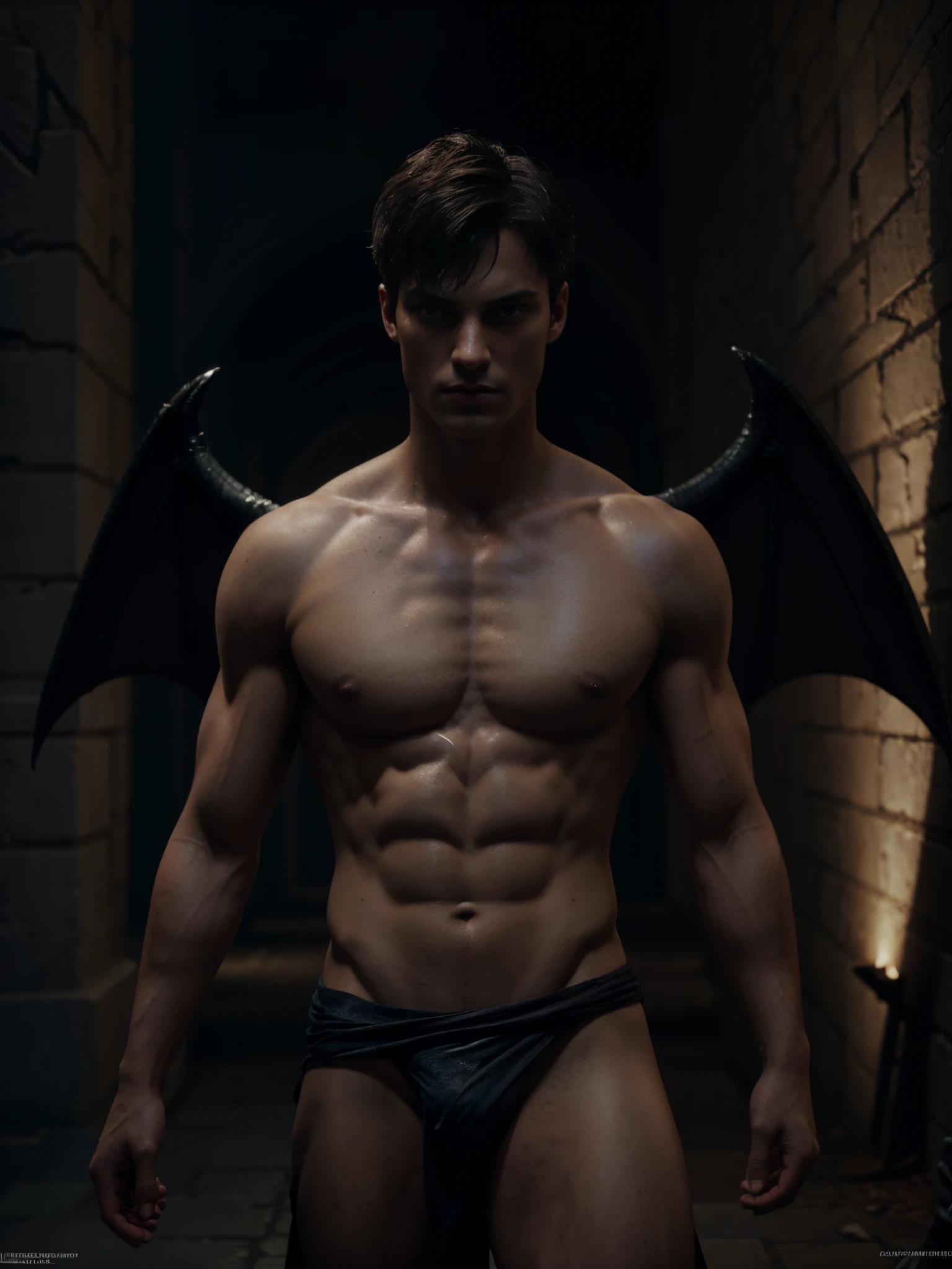 ((masterpiece)),((bestquality)),8k, high detailed, ultra-detailed, Stylish Pose, real skin texture, cinematic lighting, 18 year old male model, handsome, cute looking, nightmarish, evil look, demon horns, pale-gray skin, intense blue eyes, short brown messy hair, strong jawline, masculine, defined fit body, hairless chest, shirtless, pantless, prince aesthetic. gothic architecture, burning ground, black massive huge bat-like wings, spartan loincloth,,, dim light, dark atmosphere, cinematic lighting, backlight, Depth of field, award-winning photography, elegant, hyperrealistic, octane render, unreal, high definition, 8k resolution, highly detailed, 8k uhd, professional lighting, photon mapping, radiosity, physically-based rendering