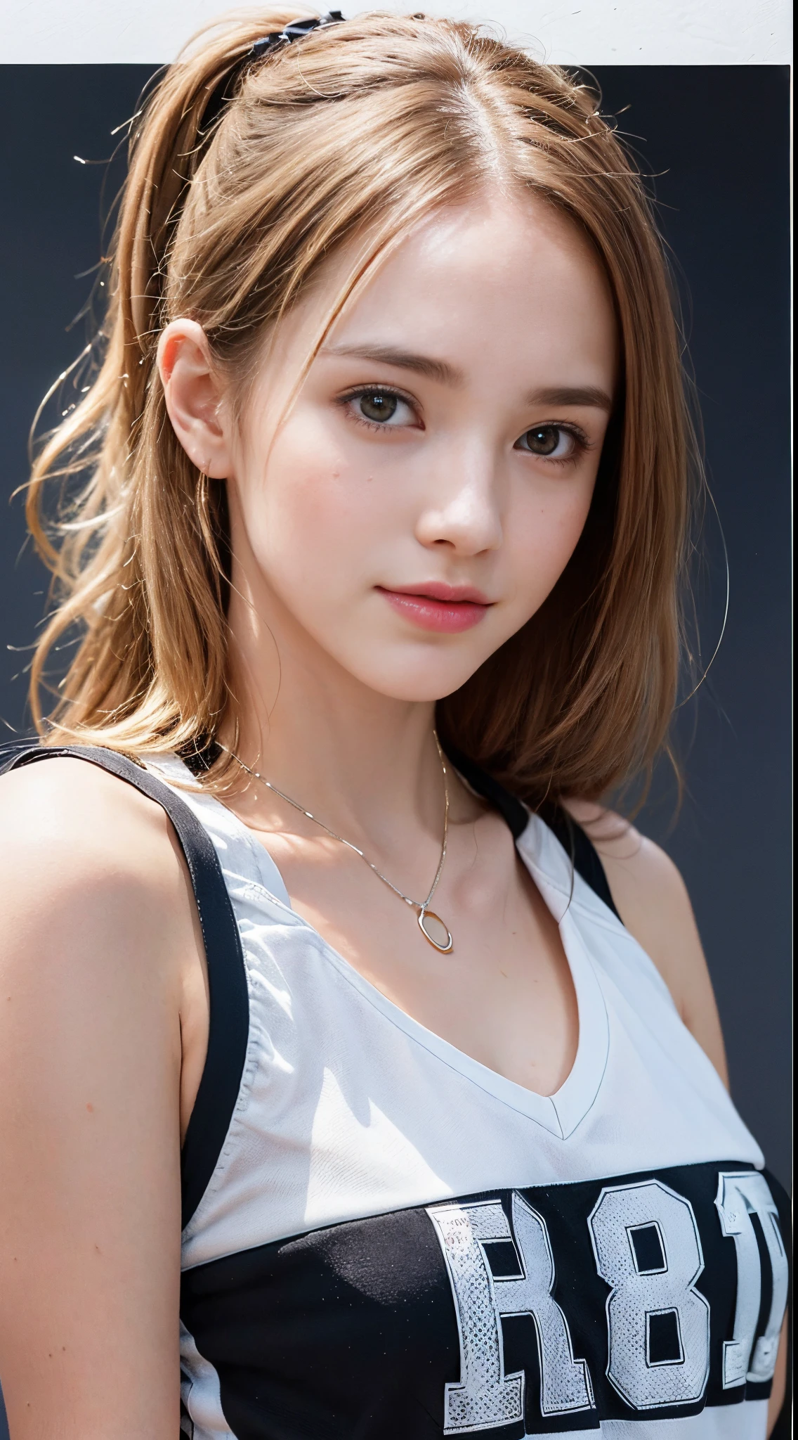 ((top-quality、Top image quality、超A high resolution))、14years、独奏、((small tits:1.7))、flat breast、small tit、A smile、with round face、Golden hair、Short ponytail、childlike 、Ultra-detailed and beautiful skin、Realistic and beautiful skin、、Basketball Uniforms, delicate and beautiful face、Young models,wet with sweat