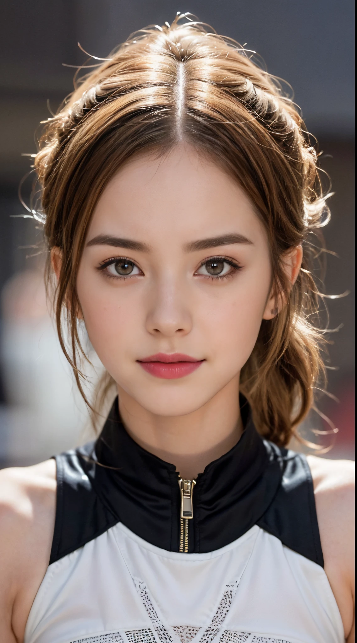 ((top-quality、Top image quality、超A high resolution))、years、独奏、((small tits:1.7))、flat breast、small tit、A smile、with round face、Golden hair、Short ponytail、childlike 、Ultra-detailed and beautiful skin、Realistic and beautiful skin、、Cirque Basketball Uniform, delicate and beautiful face、Young models,Wet with sweat