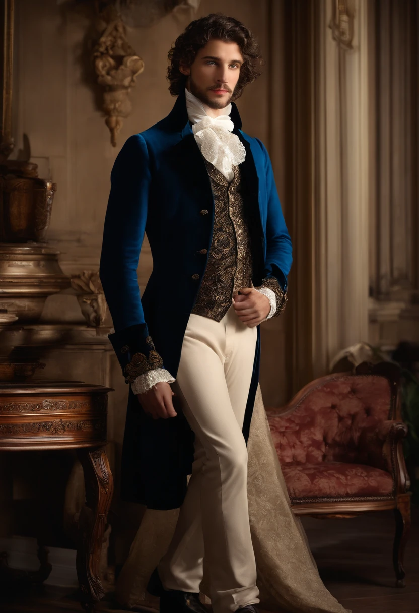 ((a young man of 18 years old)), ((beautiful and classic man)), ((God of beauty)), ((sexy and sensual)),((with a clean beard)), square face, (( thin nose and full mouth)),
((bright blue eyes)), ((long, black, curly hair)),
handsome and sexy man, 18 years old, classic full body shot, various positions, Victorian Era clothing style,
broad and strong chest, ((Sitting in an armchair in a room of a Victorian era mansion)), wallpaper 4k, 32k Ultra, Ultra Hd, cinematographic lighting,
movie poster,Superior Quality、High Resolution、8k high definition、Photogenic clarity、