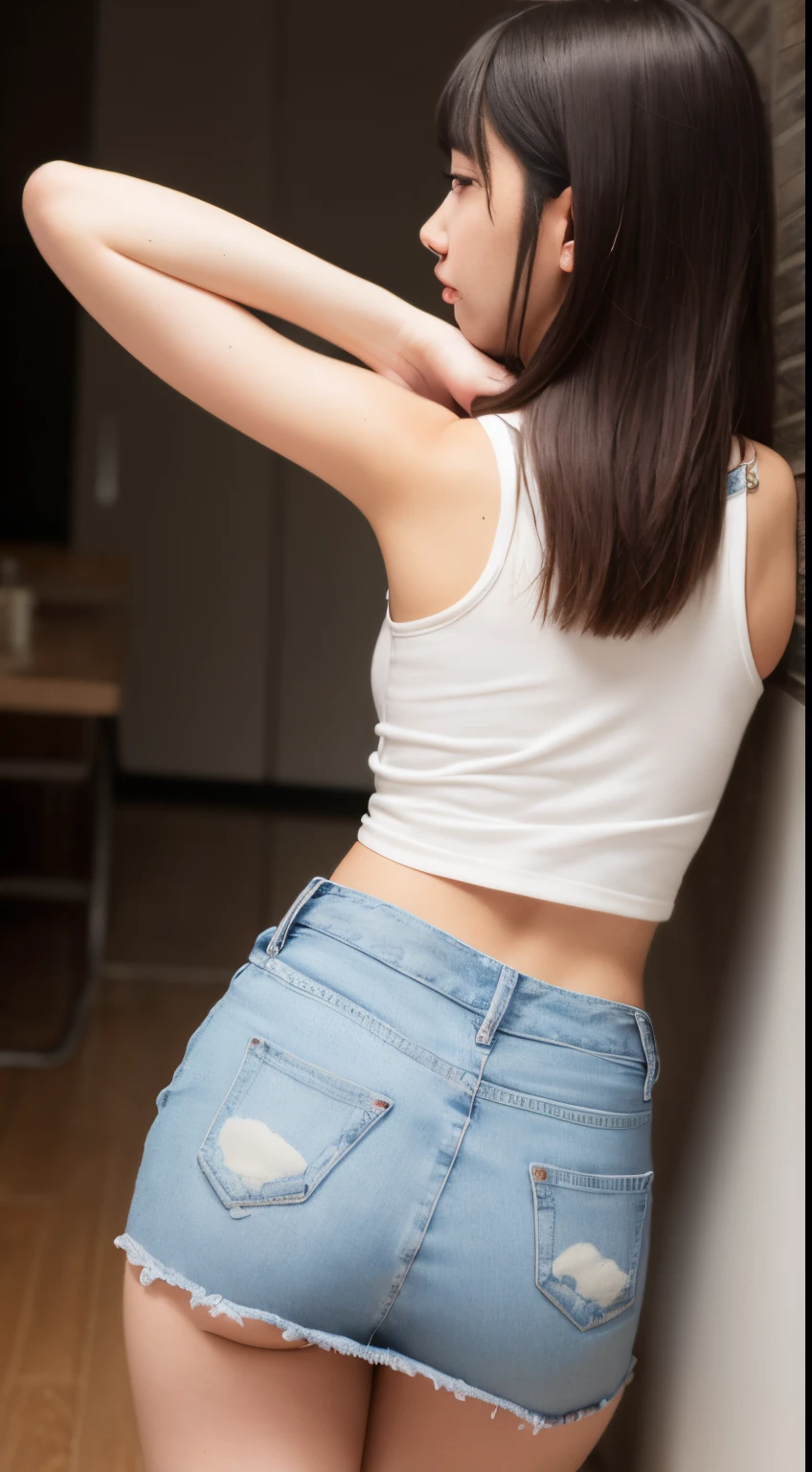 1girl in, Asian Girl, 20yr old, college, Pretty,  Bedrooms, Noise Images, raw picture, pop music , white tank tops, small tits,dancer type、Female college students and above、Turn your back、Bend over、girl wearing shorts、a miniskirt