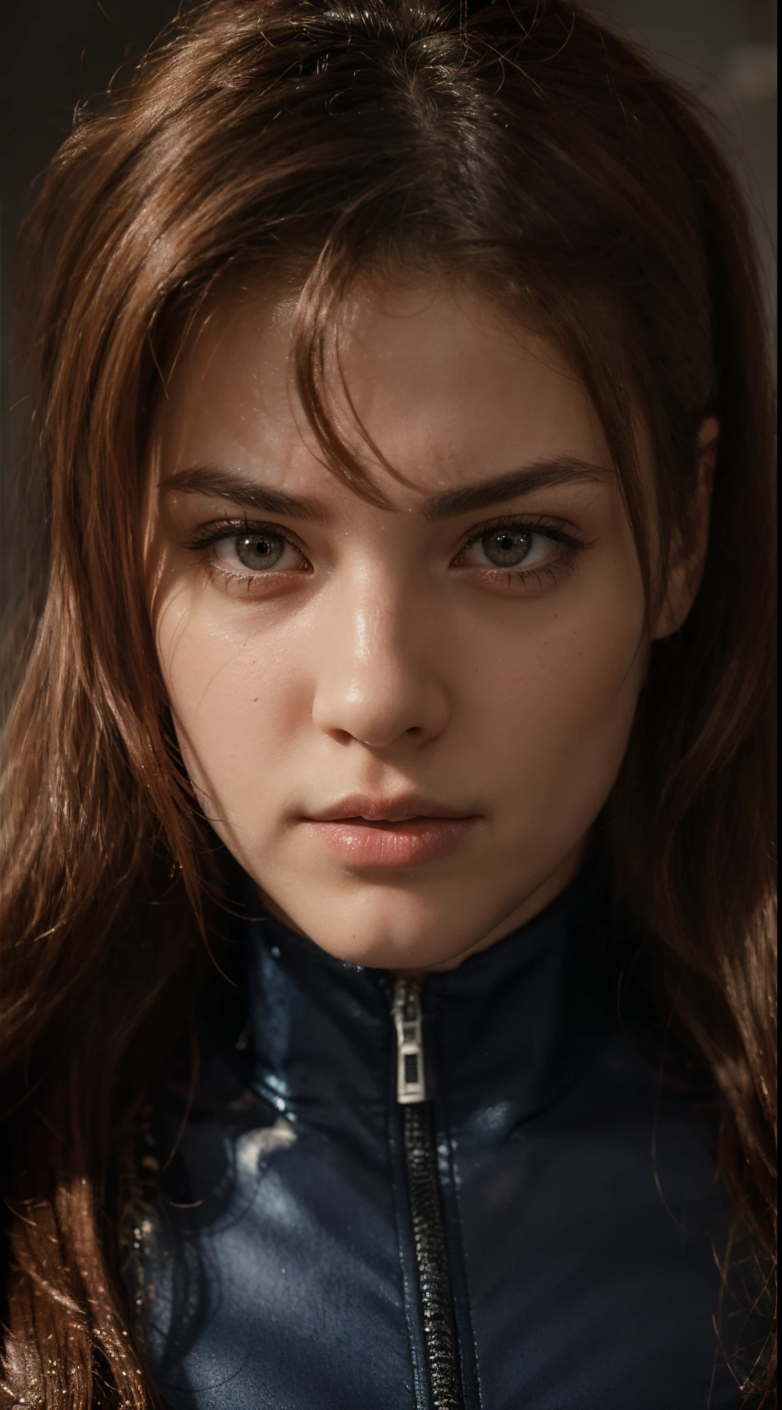 (best quality), high resolution,Asuka Langley Soryu, Beautiful Pretty Mixed German Babe, (Beautiful face), sexy lips, Auburn Twin Tails Ribbon Red Long Hair, (from below:1.5),(extreme close up:1.5), red rubber reflective plugsuit, ((red plugsuit)), intense angry stare, dark blue detailed beautiful eyes, (dynamic pose), combine realism and anime influence, angry pose, red background, dramatic lighting face,