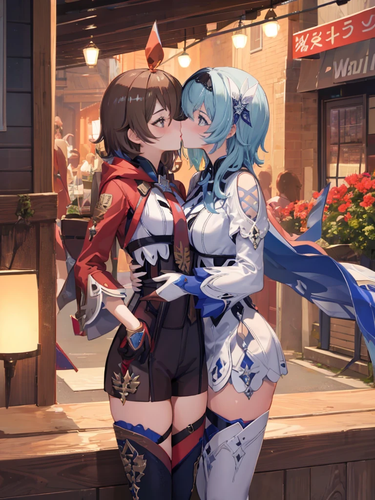 (masterpiece, best quality), multiple girls, 2girls, kissing, kiss, yuri, standing, Europe background, windmill, sunny, blush, embarrassed BREAK euladef, height 170 cm, short hair BREAK amber5star, height 163 cm