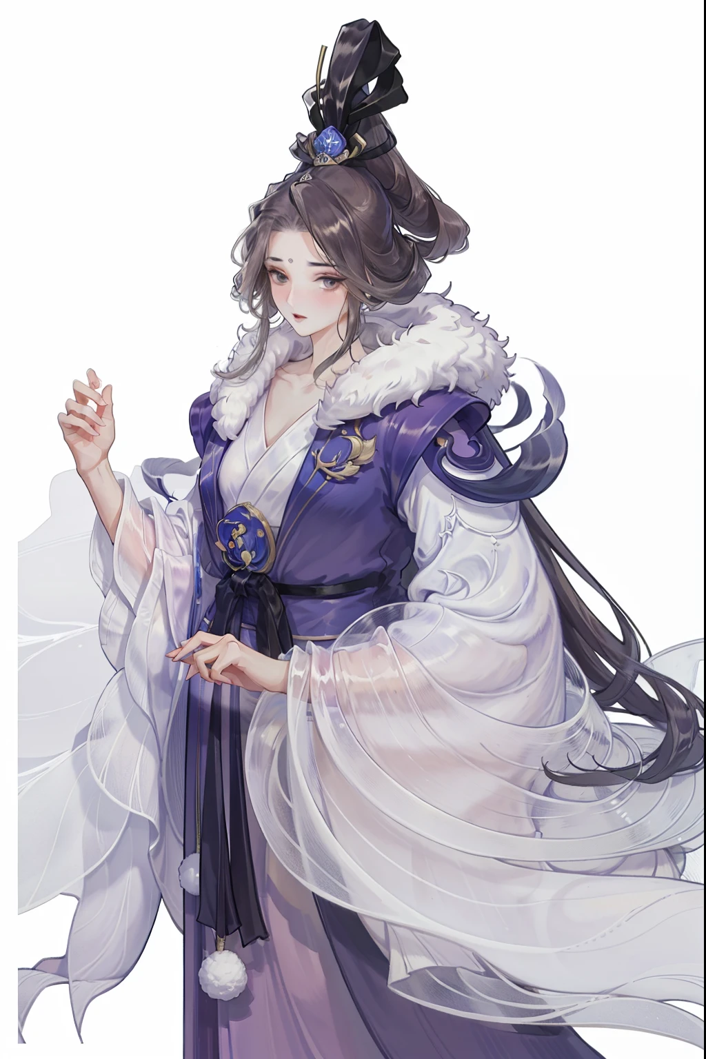 (((tmasterpiece, Best quality at best, 超高分辨率, CG unified 8K wallpaper, Best quality, ultra - detailed, ultra HD picture quality))), 1 girl, cabelos preto e longos, game fairy, at winter season, Cotton clothing, Fur collar, Furry coat, Hanfu, yarn, flowing gauze, Nice face, beautidful eyes, Beautiful hairstyle, Beautiful costumes, Structurally sound