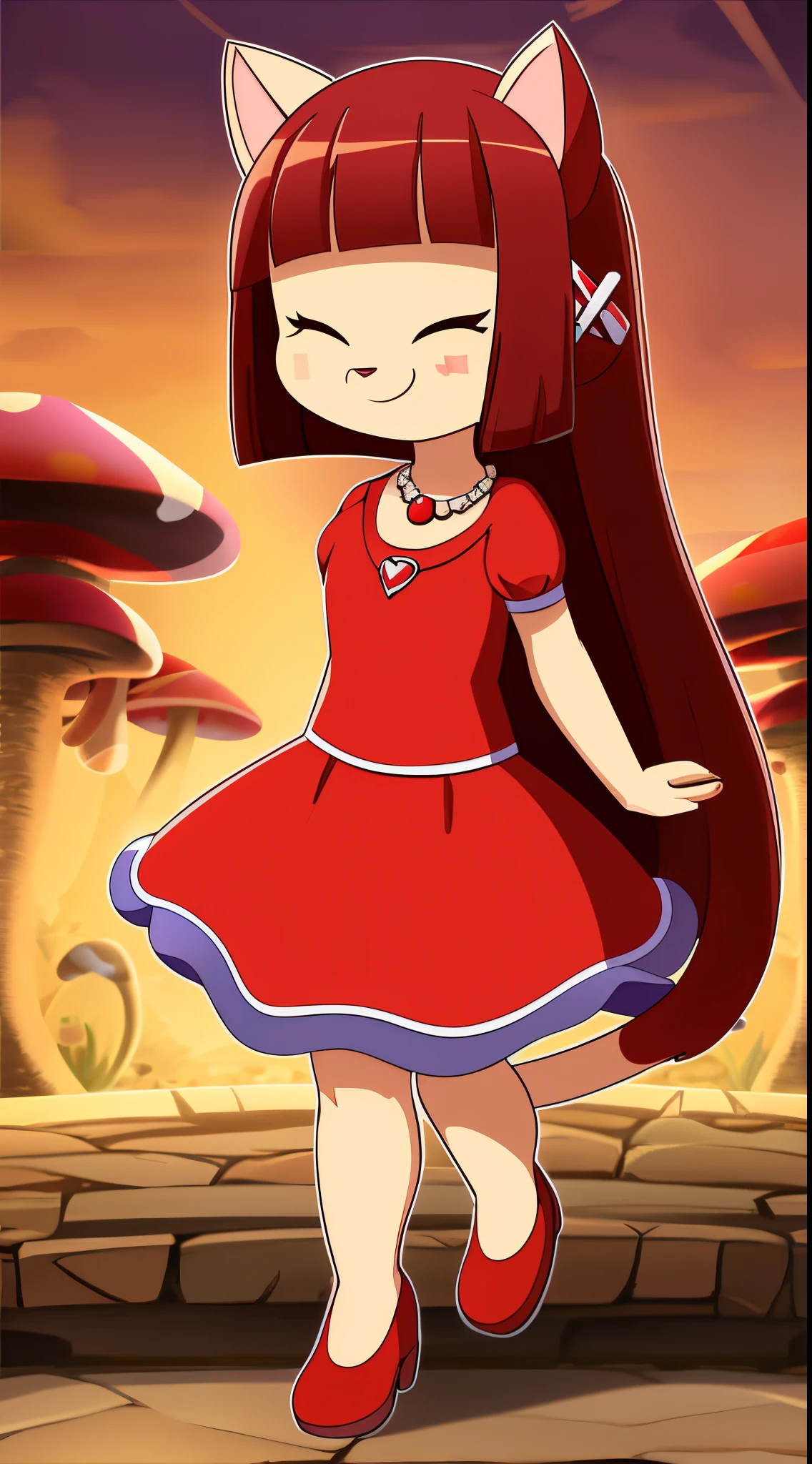 (8k),(high resolution),(high quality),(good posture),(cartoon style),(extremely detailed pixture),(average height),(dark red hair),(mushroom hairstyle),(straight hair),(closed eyes,bandaid on cheek),pink rosey cheeks,light yellow skin,red heart necklace,cat outfit,