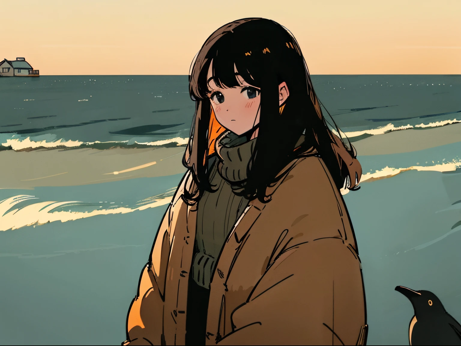 20 year old dark-haired woman, Clothes that look warm、Calm、Gentle light、black backgrounds、Coffee、head shot、Lo-Fi Illustration、a relaxing sight、Woman in sweater、looks sleepy、winter seaside、Horizon、the golden hour、penguin