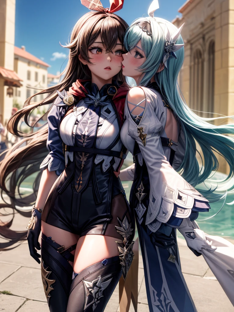 3 elf girls with beautiful figures, lush breasts and butt, narrow waist and colorful hair, on their bodies they have rags of beautiful leather armor, one is tied up and facing the viewer, the rest stand with their backs but also look at the viewer, horror on their faces, two men stand next to one, she gives a blowjob to one, and the other one is holding her, they try to forcibly undress other girls