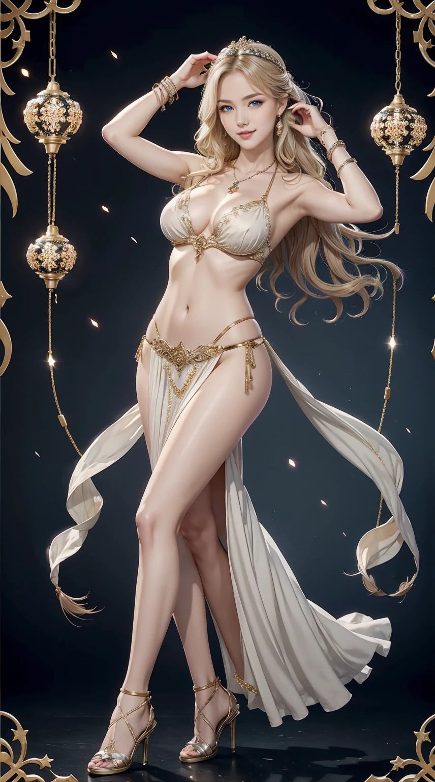 25-year-old Caucasian woman、ash blonde、blue eyess、Semi-long、setting hair、I'm tying my hair、My hair is wavy、Slender but thin macho、accessories on the wrist、wearing a chain necklace、Beautiful breasts、a smile、I need space above my head、She is wearing an ornate red belly dance costume.、Wearing high heels、Snowflakes are falling all over the screen、art deco background