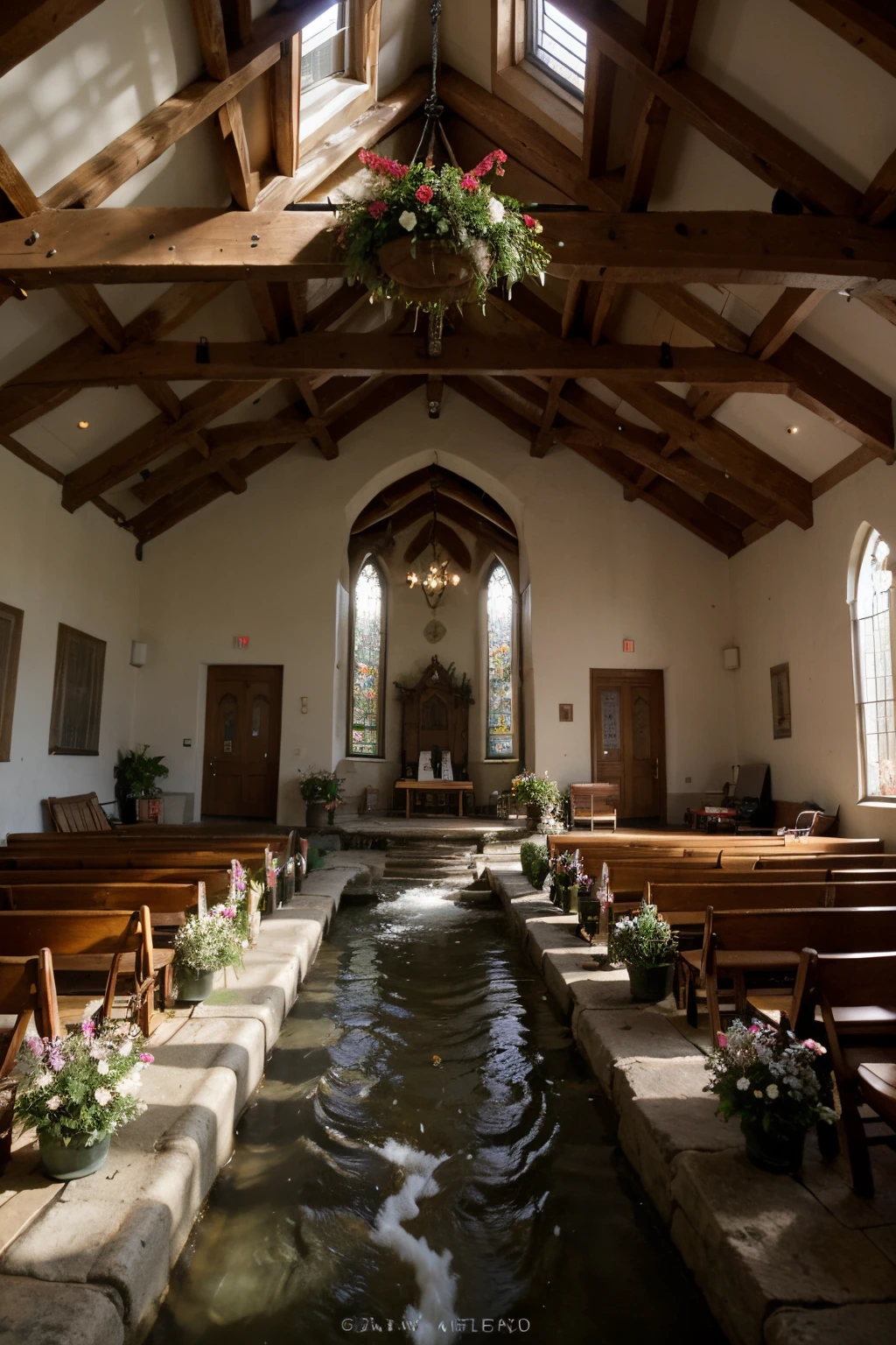 Chapel with no walls only a roof on a mountain with a mountain stream running thru the middle of the chapel overlooking a beautiful valley with trees and flowers