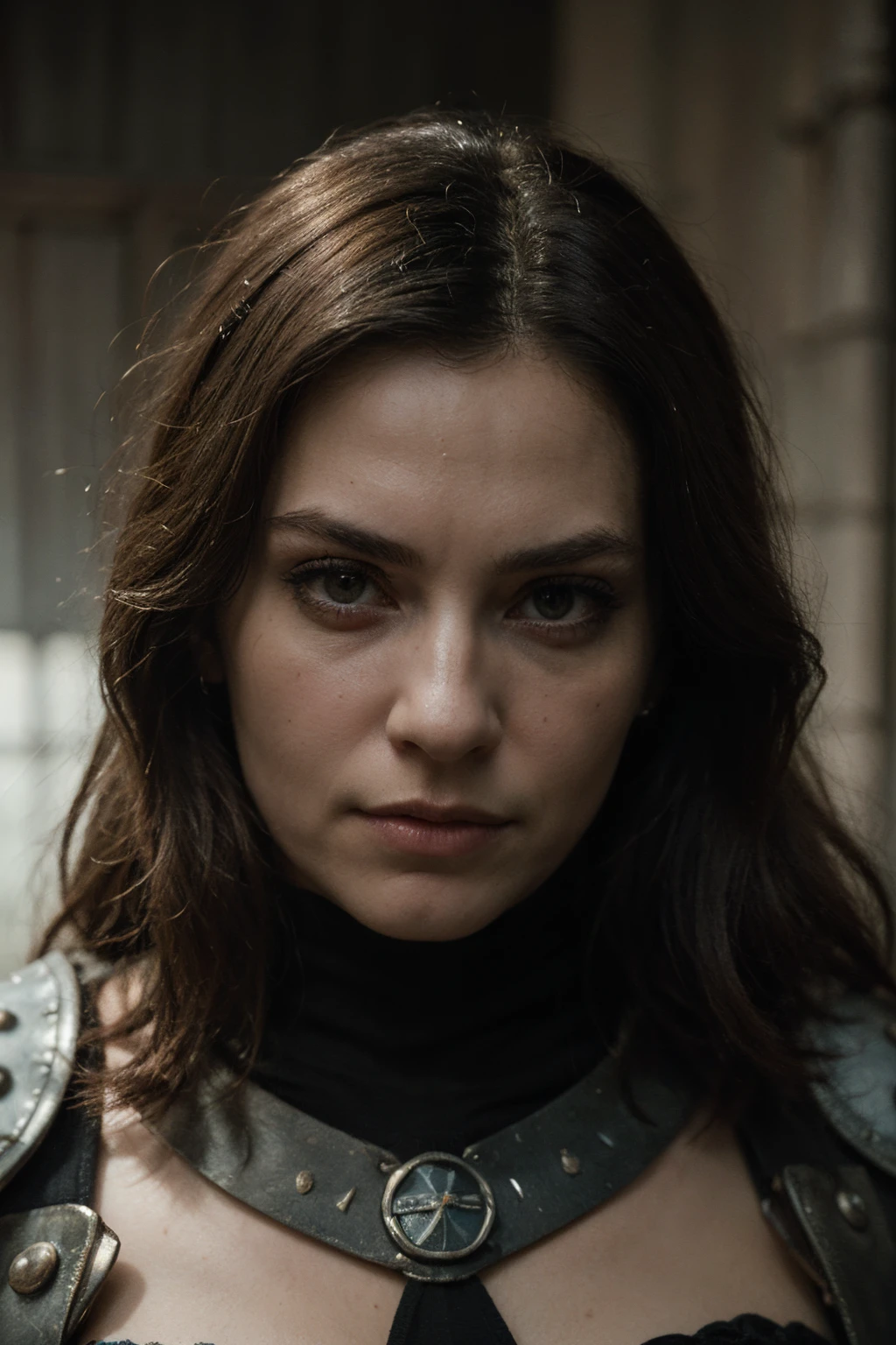 ((best quality)), ((masterpiece)), (detailed), perfect face, Design an illustration of a valiant gothic female witcher, her determination and unwavering resolve evident as she faces a fearsome creature. Her weathered armor, bearing the marks of countless battles, is a testament to her resilience.