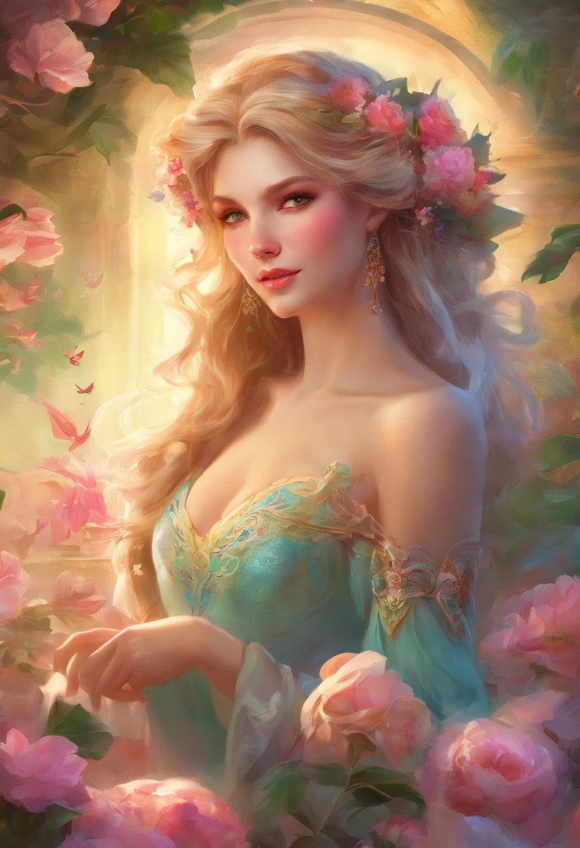 a beautiful woman with caramel-colored hair, long straight hair, flowing hair, light green eyes, pure and vivid, fleshy and pink mouth, fair and classic skin, woman of extreme beauty, a perfect goddess, commoner clothing style of the Victorian era, holding a bouquet of colorful flowers, in the background French colony of the Victorian era, wallpaper 4k, 32k Ultra, Ultra Hd, cinematic lighting, movie poster, Top Quality、超High Resolution A