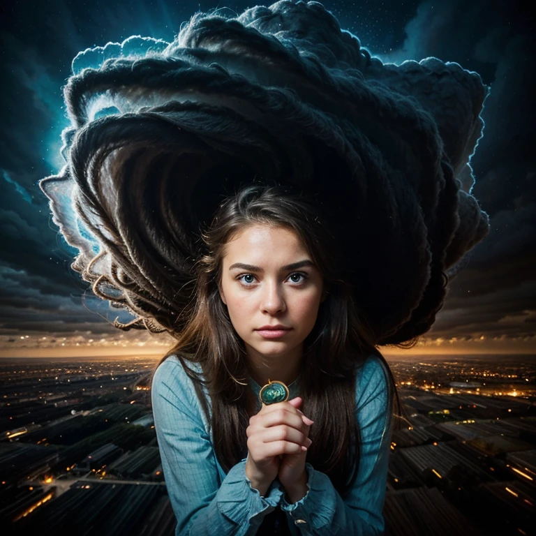 Best quality, ultra-detailed, realistic, vivid colors, bokeh, illustrations, girl holding a small whirlwind, tornado, storm effect, magical atmosphere, flowing hair, swirling motion, dramatic lighting, intense emotions, dynamic composition, mesmerizing scene, powerful nature, chaos and calmness, nature's force, surrealistic, stormy skies, tornado's destructive power, ethereal beauty, captivating artwork.