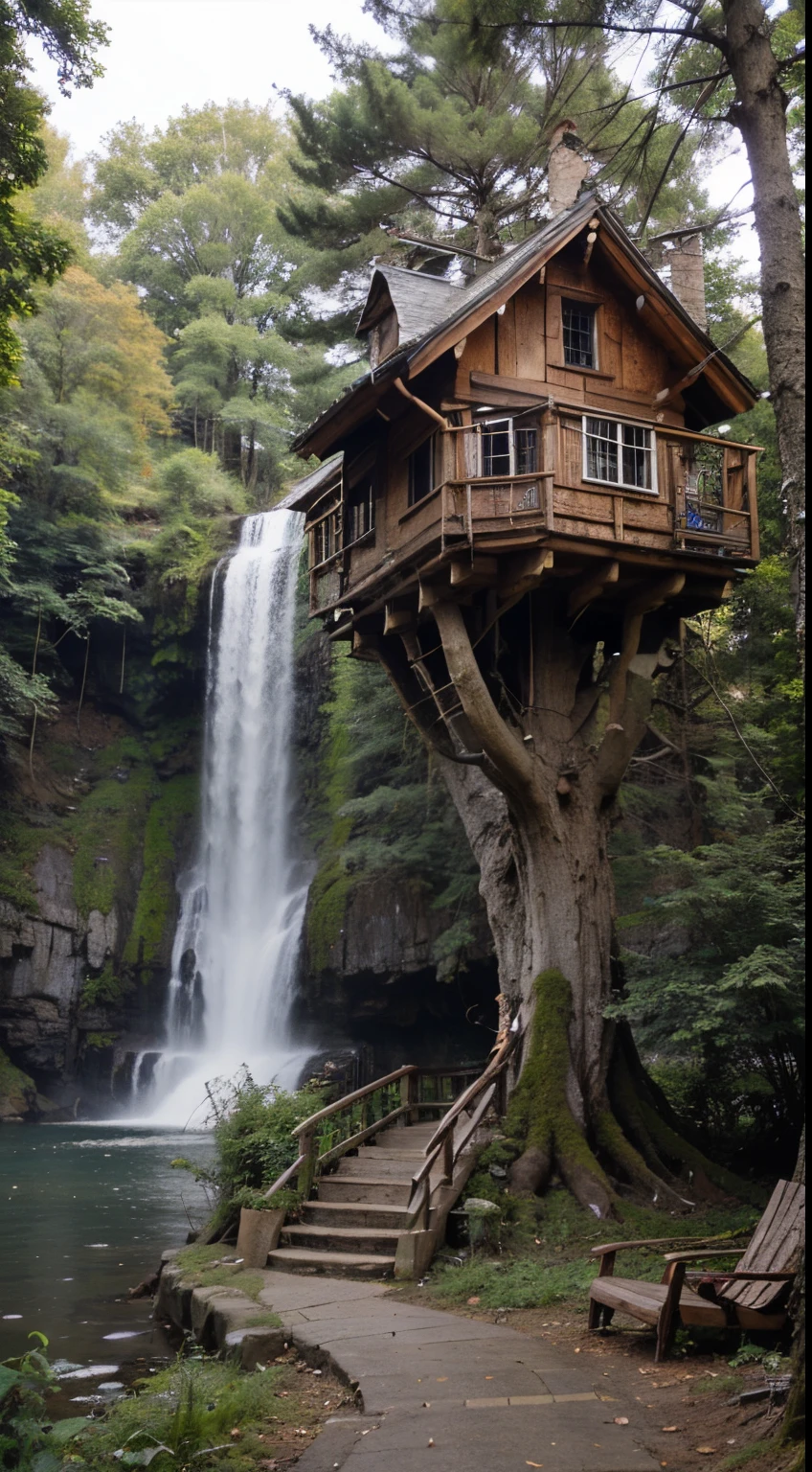 Realistic beautiful tree house near waterfall
There is a wolf and a man