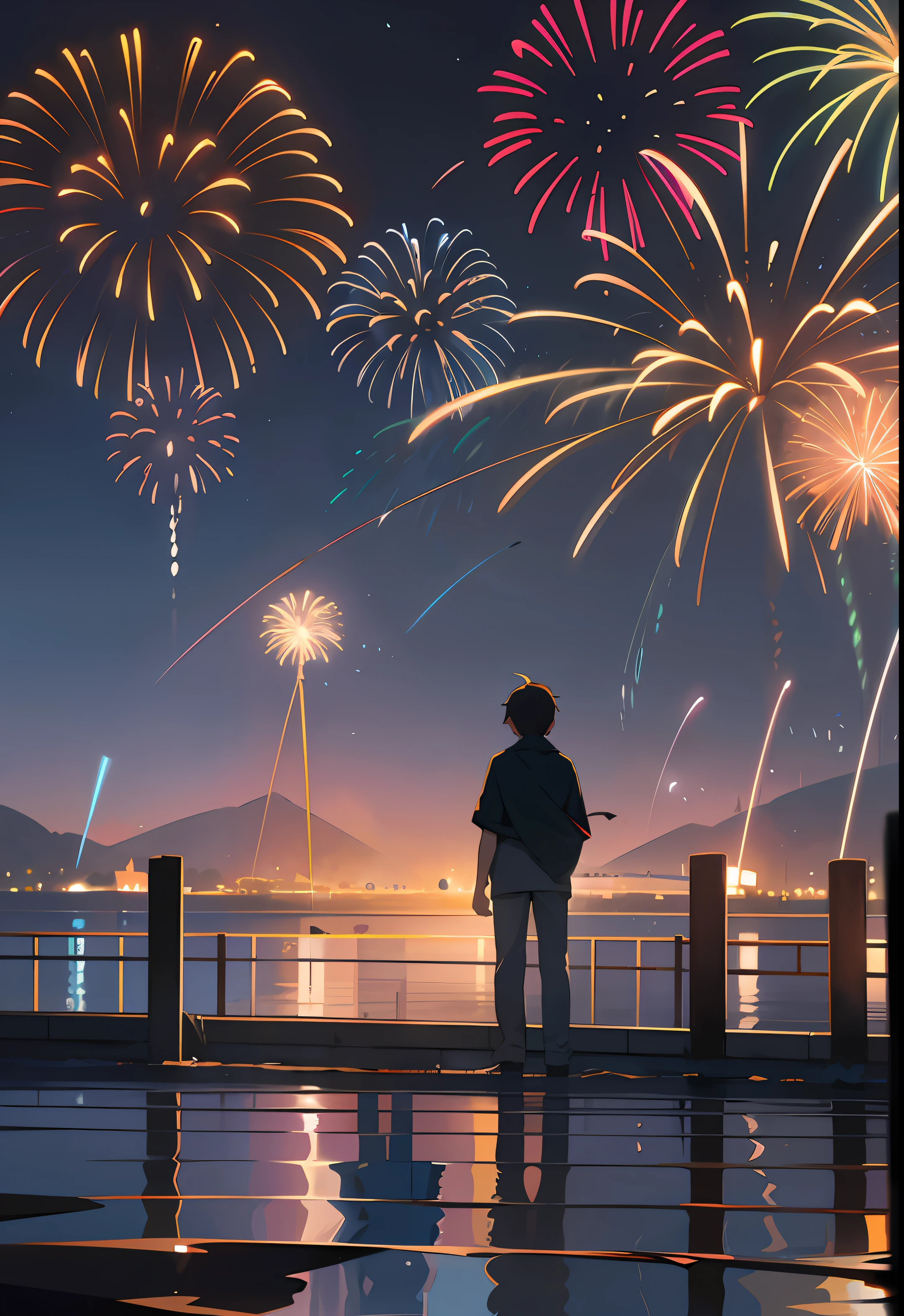 Fireworks are launched from the top of the lake、people standing on the pier, makoto shinkai cyril rolando, Artie Guéland 8K, Atey Ghailan style, inspired by Atey Ghailan, author:Shinkai sincerely. - H 2160, by Artie Guerlain, Greg Rutkoski Makoto Shinkai