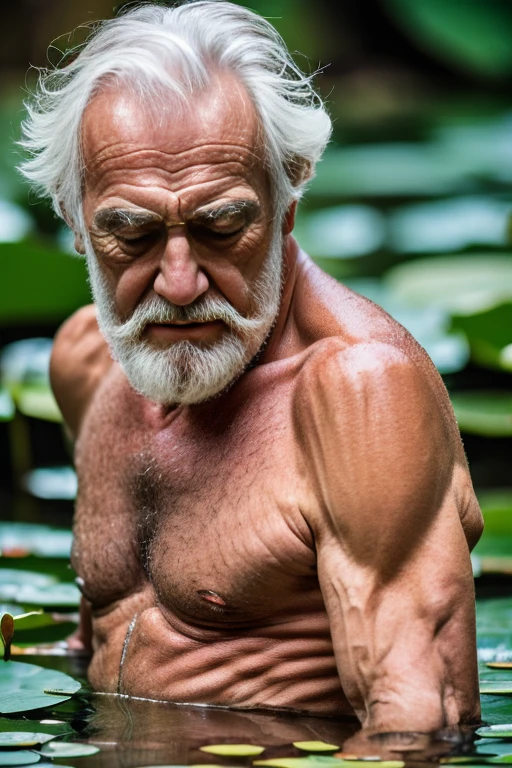 An elder with a long beard and white hair, with a serene face wrinkles, looking producing, body older weak, skinny bones hairy, body naked, his shirt was open to reveal his stomach wrinkles older hairy weak and chest, arms legs neck hands feet skinny old and weak, shy and blushed, Lying in the water,water lily,lotus leaf,Closed eyes,master-piece,4K images,beste-Qualit