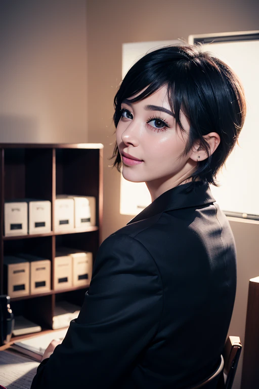 best quality, vivid colors, soft lighting, artistic portrait style, (masterpiece:1.2, Best quality at best),Alone, black short hair, makeup, Confident and relaxed,parted lips, from behind, business suit, office, face to right, smile