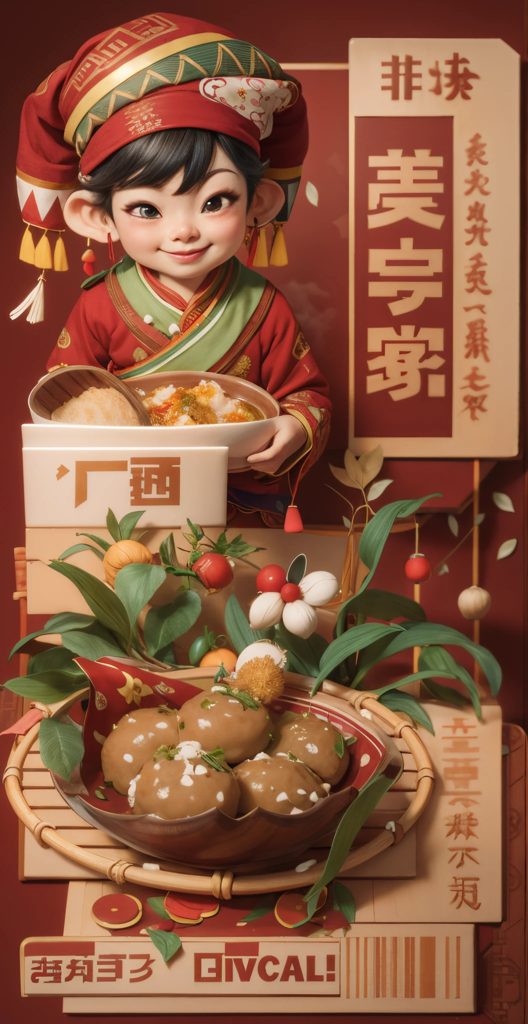 (tmasterpiece, quality, Best quality at best, cg art，Pale color background) Man wearing Chinese national costume, Wearing ethnic headscarf, Holding a round bowl of food in hand, Bamboo tableware at the bottom of the picture, food on leaves, 3D,c4d, Appetizing steaming food, Overclocked renderer, traditional festive atmosphere, E-commerce scenarios,3DMM