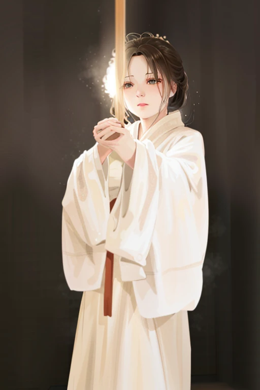 There  a woman in a white robe，Holding a handful in hand toward the front, white hanfu, Hanfu, 宮 ， A girl in Hanfu, Match with ancient Chinese costumes,