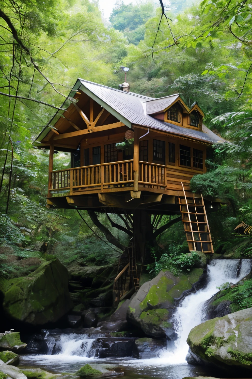 Realistic beautiful tree house near waterfall