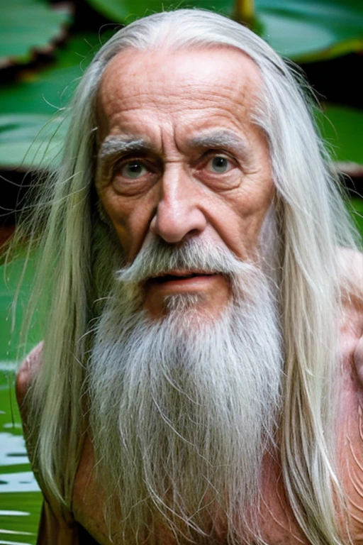 An elder with a long beard and white hair, with a serene face wrinkles, looking producing, body older weak, skinny bones hairy, body naked, his shirt was open to reveal his stomach wrinkles older hairy weak and chest, arms legs neck hands feet skinny old and weak, shy and blushed, Lying in the water,water lily,lotus leaf,Closed eyes,master-piece,4K images,beste-Qualit