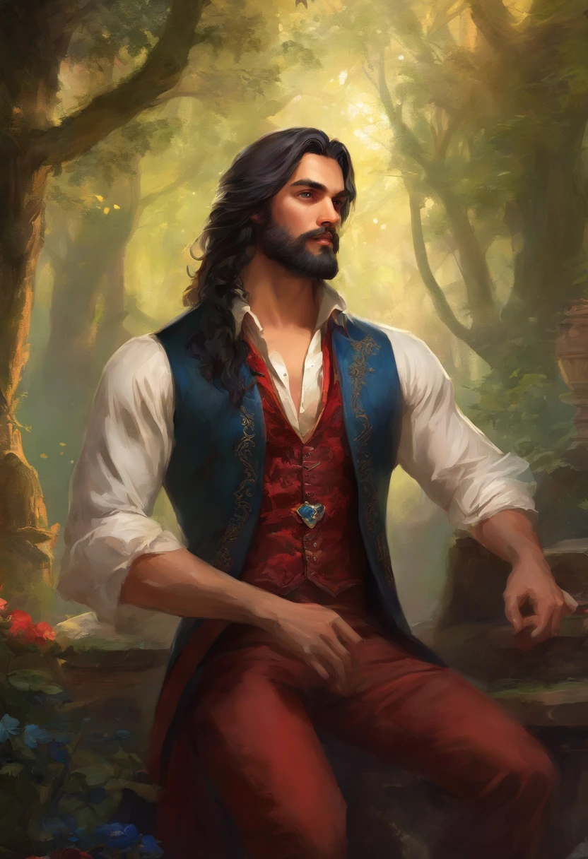 ((A very beautiful man)), Beauty of a God, with long black hair, blue eyes, beard, strong chest, virile and wearing a red shirt with a black embroidered vest over the shirt and black pants, Victorian Era style,(( in the background, a gypsy carriage in a forest)), Daeni Pin Style. [Daniel F. Estilo Gerhartz::0.5], UHD image, Rent, 8k, photo-realistic, epic lighting, sharp, realistic, romantic, focus