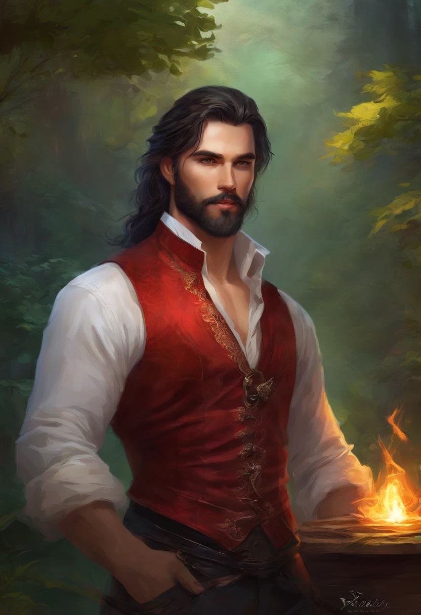 ((A very beautiful man)), Beauty of a God, with long black hair, blue eyes, beard, strong chest, virile and wearing a red shirt with a black embroidered vest over the shirt and black pants, Victorian Era style,(( in the background, a gypsy carriage in a forest)), Daeni Pin Style. [Daniel F. Estilo Gerhartz::0.5], UHD image, Rent, 8k, photo-realistic, epic lighting, sharp, realistic, romantic, focus