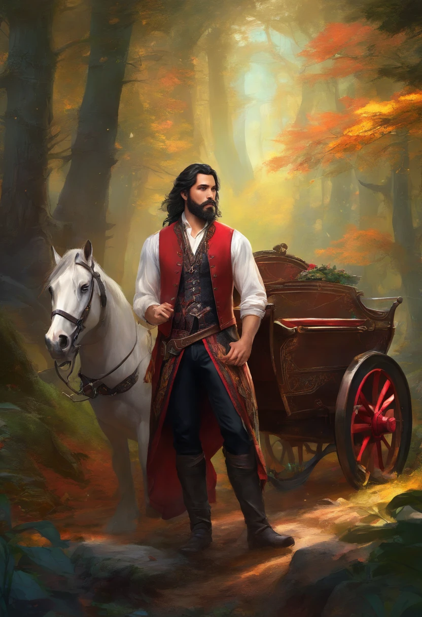 ((A very beautiful man)), Beauty of a God, with long black hair, blue eyes, beard, strong chest, virile and wearing a red shirt with a black embroidered vest over the shirt and black pants, Victorian Era style,(( in the background, a gypsy carriage in a forest)), Daeni Pin Style. [Daniel F. Estilo Gerhartz::0.5], UHD image, Rent, 8k, photo-realistic, epic lighting, sharp, realistic, romantic, focus