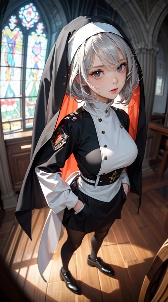 ((8k wallpaper of extremely detailed CG unit, masterpiece, hight resolution, top-quality)), (beautiful silver-haired nun, Hands in pockets:1.5, wearing a black veil:1.4, Wearing a black monastic uniform:1.4, Wearing black tights:1.4), ((extra detailed face, Highly detailed black eyes, both eyes are the same color:1.2, extra detailed body, Top quality real texture skins)), (silber hair, length hair, de pele branca), (old wooden church, stain glass:1.2, warm color), (high-angle:1.2, Fisheye:1.3), hyper realisitic, digitial painting,