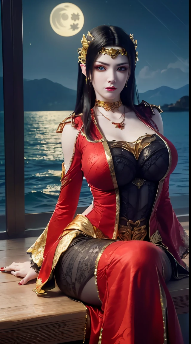 1 extremely beautiful queen, ((wearing traditional red hanfu with thin black patterns:1.6)), (((Patterns on clothes:1.6))), ((long black hair:1.6 )), elaborately crafted jewelry from precious stones and beautiful hair, (((wearing a 24k gold lace necklace:1.4))), noble, noble style of an extremely beautiful girl, very pretty face, thin eyebrows, flawless beautiful face, ((black eye pupils: 0.8)), very beautiful eyes, ((platinum blue eyes: 1 ,6)), (((wide eyes: 1,6))), beautiful makeup and detailed hairdo, eyelashes, steamy eye makeup, high nose, earrings, red lips, ((closed mouth : 1.5)) beautiful lips, slim arms, most beautiful thighs, ((arms behind and spread out to the sides: 1.5)), ((bent sitting position with chest out toward the audience and arms behind :1.6)), rosy face, clean face, flawless beautiful face, smooth white skin, (( super big and round firm breasts: 1.8)), firm breasts, beautiful cleavage, beautiful breasts , perfect body, back arms, open chest, black sheer fishnet stockings with black lace trim, 8k photo, super high quality, super realistic, super 10 x pixel, optical, bright studio, bright edges, lighting two-tone, (high detail skin: 1.2), ultra 8k, soft light, high quality, volumetric light, optical, optical high resolution, light, best shot, quality 4k, 8k, blur effect, smooth sharpness, 10 x pixels, ((sea and moonlight in night background: 1.5)), aurora, lightning, hyper-realistic graphics, most realistic graphics, 1 girl, alone, solo, Extremely sharp, surreal image, (((frontal portrait: 1)))."