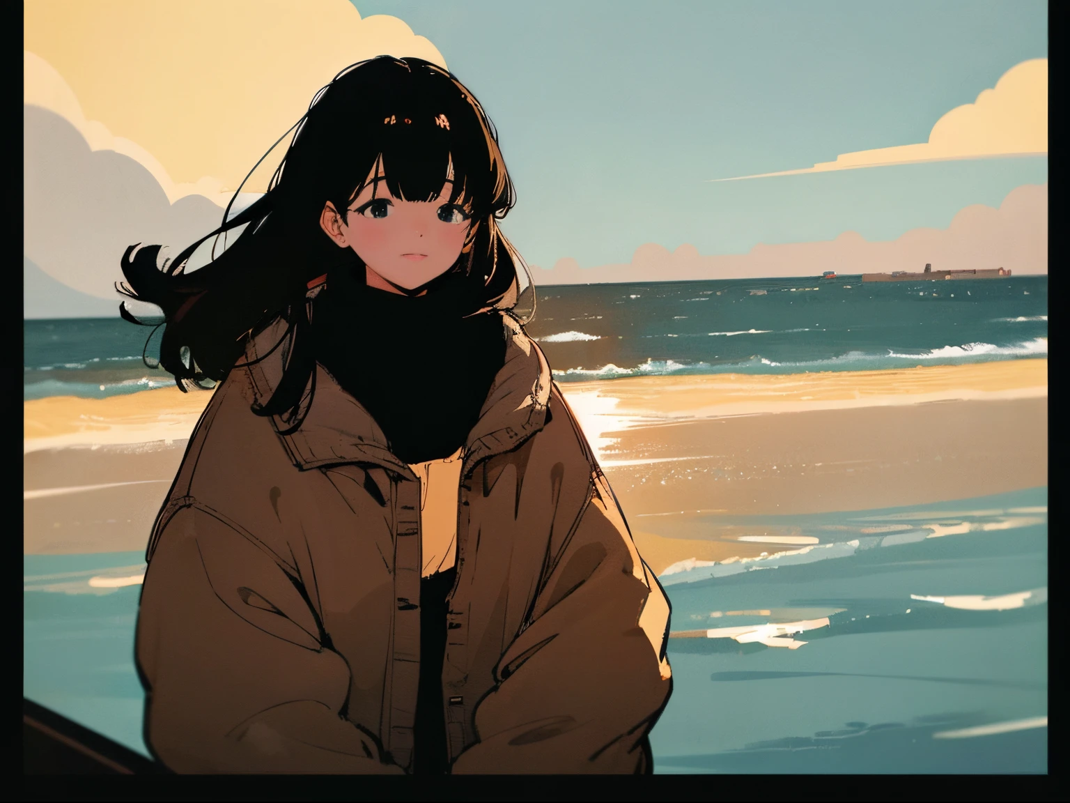 Smiling 20-year-old black-haired woman, Clothes that look warm、Calm、Gentle light、black backgrounds、Coffee、head shot、Lo-Fi Illustration、a relaxing sight、Woman in sweater、looks sleepy、winter seaside、Horizon、the golden hour
