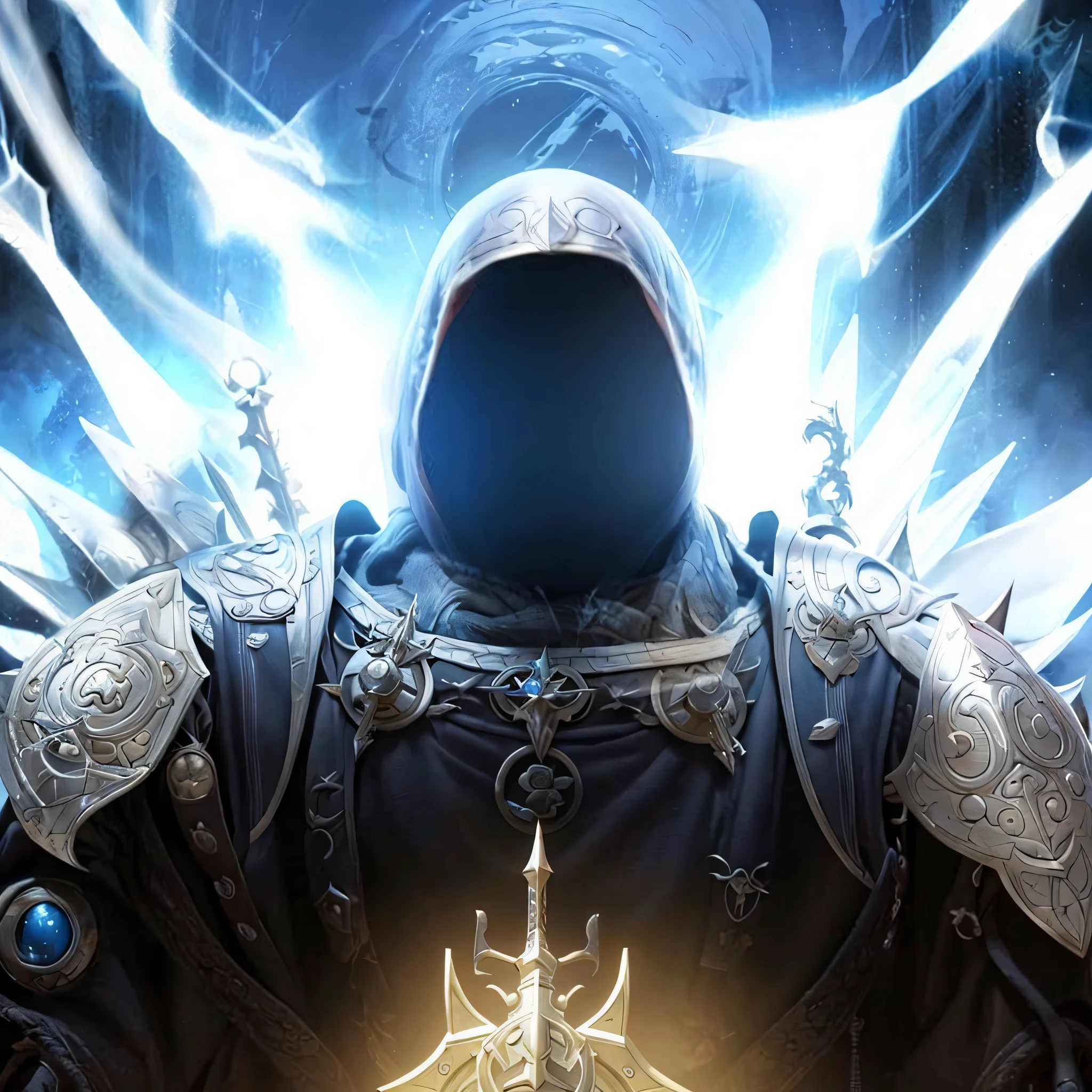 One of them  wearing a hooded jacket、Close-up of a man with a sword, clothed in ethereal armor, Light armor, Dressed in light armor, angel house, Wearing ethereal armor, style of raymond swanland, holy armor, symmetrical epic fantasy art, Guild Wars artwork, Inspired by Aleksi Briclot, assignment, inspired by Raymond Swanland