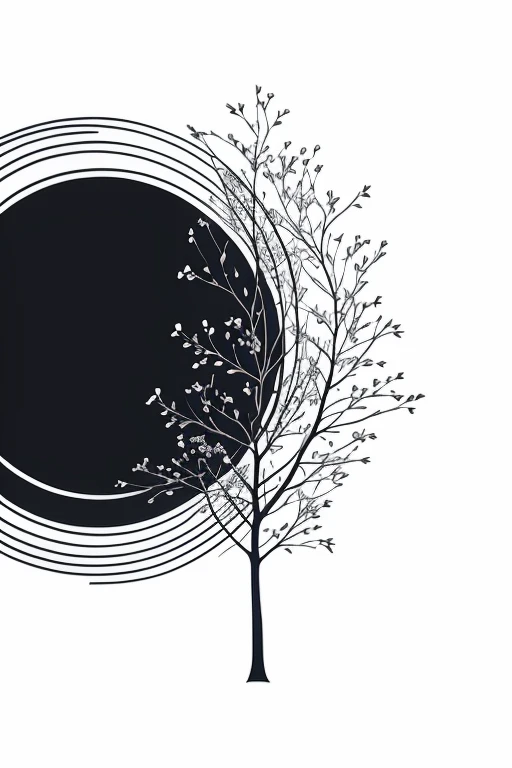 an illustration of a round design with branches hanging, in the style of minimalist line art, minimalist beauty