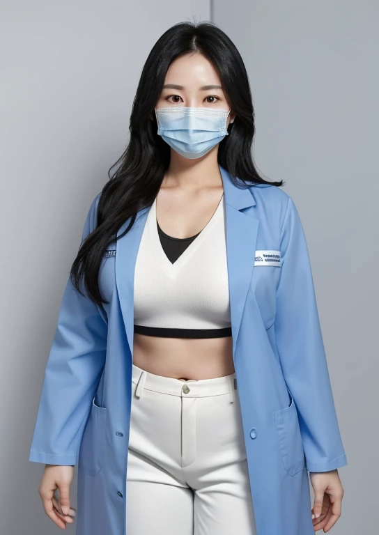 A 30-year-old female doctor with long hair, black hair, plump breasts, and a slim figure. She wears a blue surgical top and pants, an open white doctor's coat, a surgical mask, and blue gel gloves.