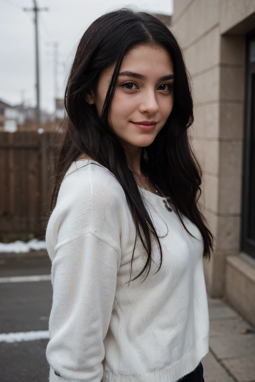 ((La mejor calidad)), ((Obra maestra)), (Detallado), Cara perfecta
, "Young woman, , with long black hair, a cheerful face, and a flower in her hair. She looks lovely in black and white winter clothing, with black hair featuring blue streaks,some cyan."