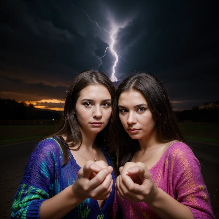 A couple holding their own tornado in their hands, (best quality, highres, vivid colors),(tornado:1.1) (detailed:1.1), (realistic:1.37), (concept artists) (landscape), (portraits), (studio lighting), (dramatic colors), (bokeh)