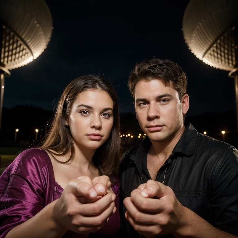 A couple holding their own tornado in their hands, (best quality, highres, vivid colors),(tornado:1.1) (detailed:1.1), (realistic:1.37), (concept artists) (landscape), (portraits), (studio lighting), (dramatic colors), (bokeh)