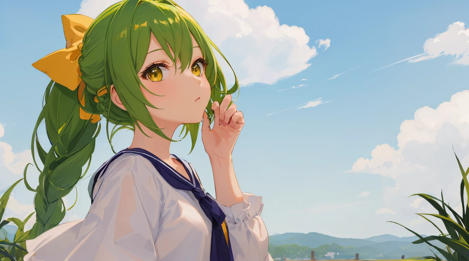 masterpiece, top-quality, ultra-detailliert, absurderes, colourfull, 1girl in, 独奏, facing back、yellow eyes, Green hair, Braids, A detailed eye, roll up eyes, eye lashes, Look at viewers, full bodyesbian, chibi outdoors, naturey, 云, grassy, Blue theme, spark of light, Hair bow