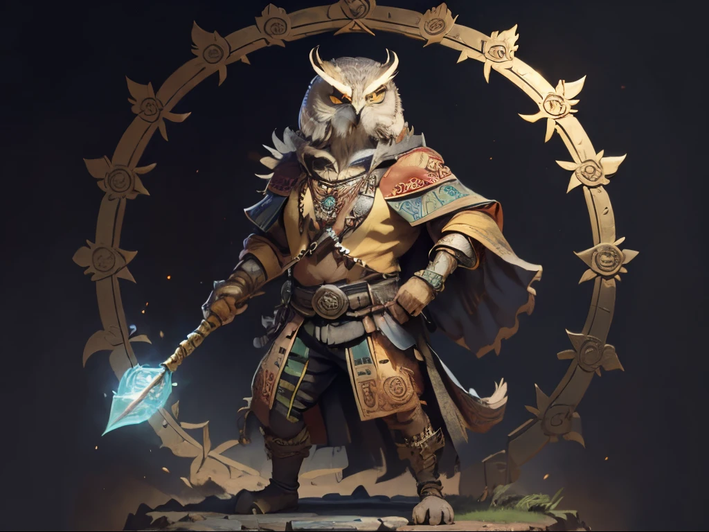 A man with a scepter stands owl，Toba，Wearing Aztec style clothes，ogre