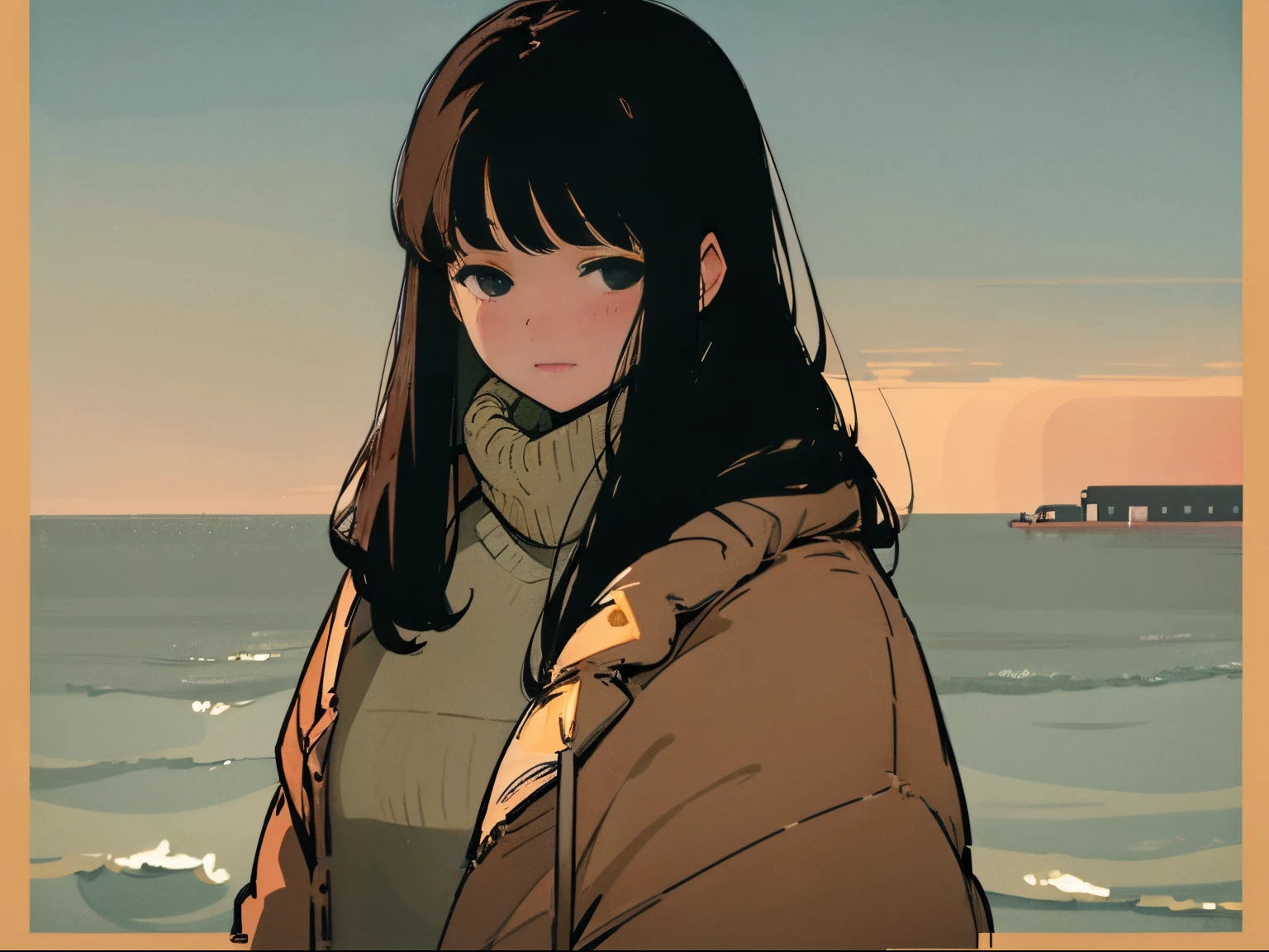 20-year-old black-haired woman in a good mood, Clothes that look warm、Calm、Gentle light、black backgrounds、Coffee、head shot、Lo-Fi Illustration、a relaxing sight、Woman in sweater、looks sleepy、winter seaside、Horizon、the golden hour